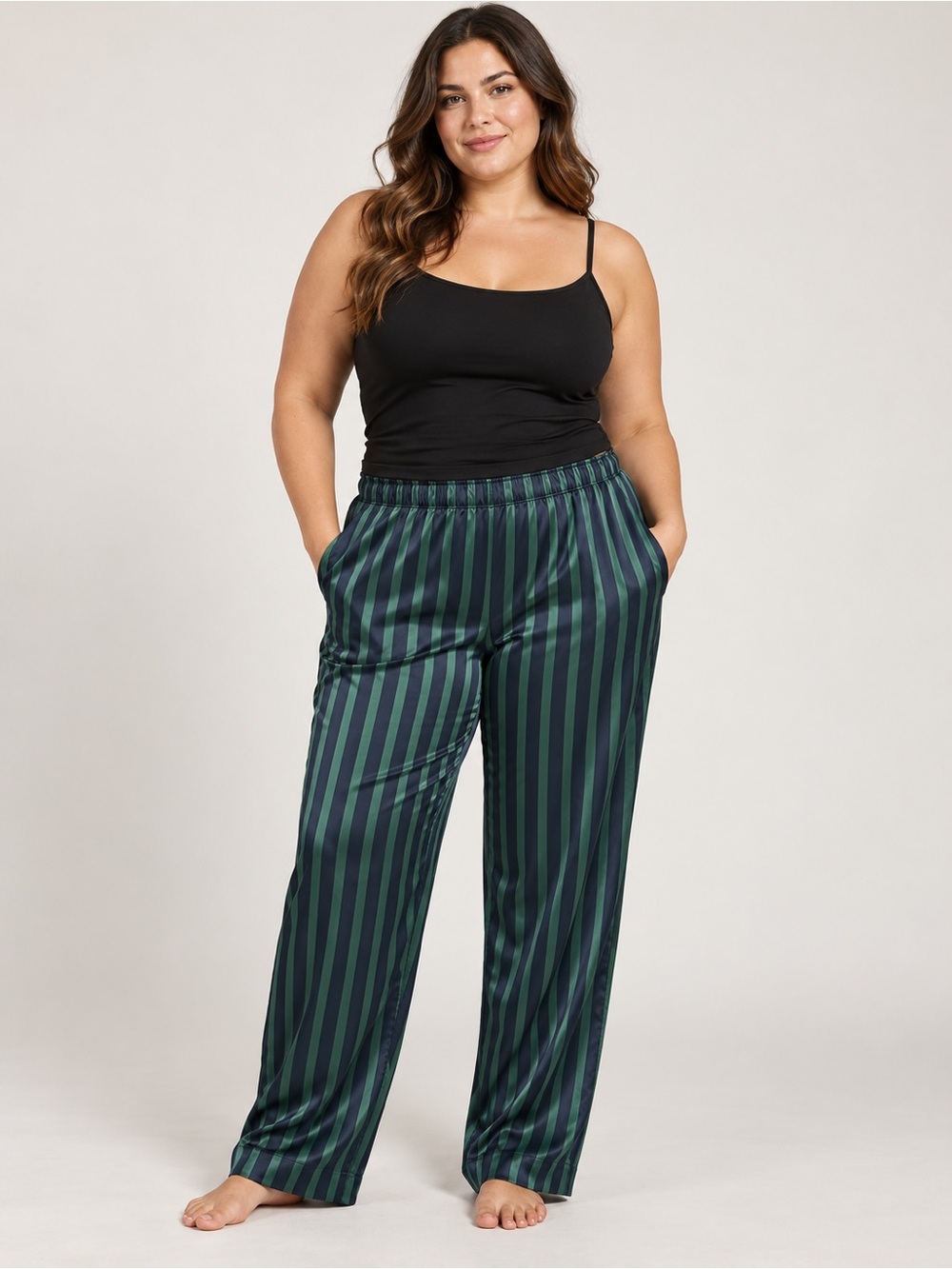 H&M Divided XL Green Navy Striped Satin Pajama Pants NWT